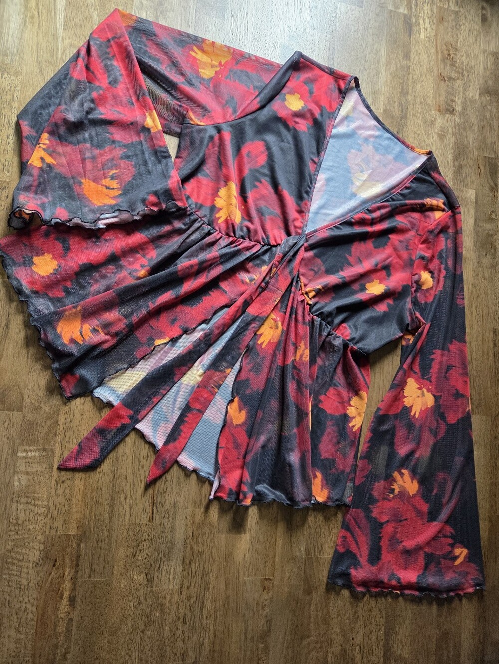 Mesh Sheer Floral Flowy V-Neck Open Front Bell Sleeve Top